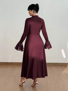Viva Relle Plus Size Elegant Organza Pearl Knitted A-Line Long Dress, Autumn/Winter - Burgundy - View 4