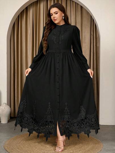 Graceveil Plus Size Long Sleeve Solid Color Lace Waist Belt Elegant Casual Dress