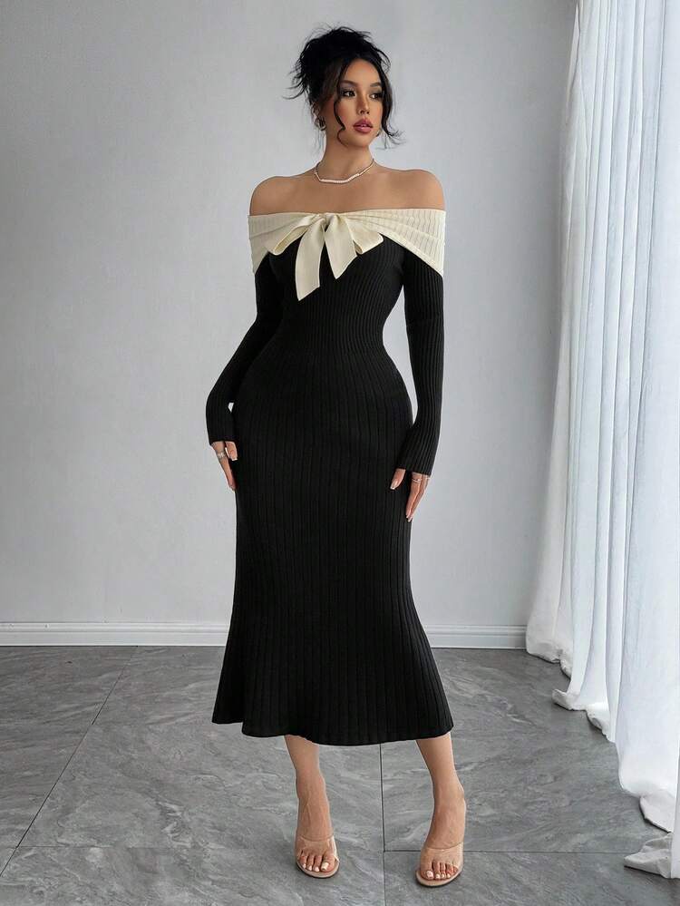 Women's Contrast Color Off Shoulder Tie Bow Fitted Long Elegant Dress, Sexy & Sweet For Autumn/Winter Sweater Dress