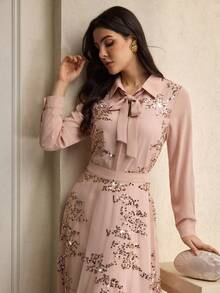 ZEYLAH Elegant Women's Long Sleeve Casual Shirt With Romantic Ribbon Collar And Sequin Decor - Apricot - View 7