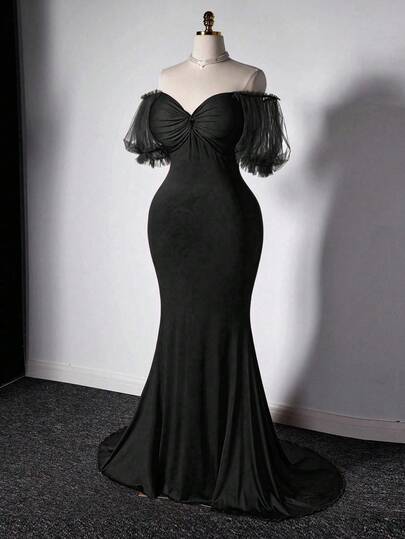 Grovea Vestido maxi de lujo de sirena con cintura ceñida, elegante y de hombros descubiertos, de unicolor, para mujer de talla grande