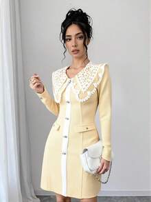 Modelyn 女式撞色蕾丝单排扣修身长袖优雅连衣裙 - 黃色 - 查看 5