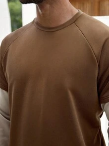 Manfinity Homme Plus Size Men's Casual Patchwork Pullover Sweatshirt, Brown Long Sleeve, Fall Tops Long Sleeve Coffee Brown Tops - Multicolor - View 4