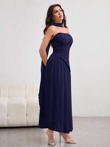 NOVVYNE 女式不对称荷叶边下摆露背连衣裙，优雅魅力，浅黄色，春夏 - 藏蓝色 - 查看 6