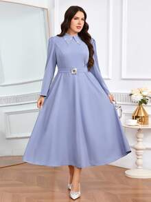 Modelyn Plus Size Women's Rhinestone Embellished Puff Sleeve Pointed Collar Elegant Dress - Blue - View 7