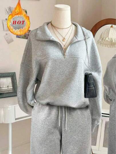 Lalippa sweat-shirt à capuche oversize à demi-zip col montant, épaules tombantes, manches longues + Pantalon droit casual