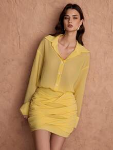 Chiquease 休闲褶皱长袖黄色连衣裙 - 黃色 - 查看 3