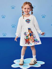 SHEIN | PAW Patrol 小女孩可爱卡通小狗印花圆领长袖针织白色连衣裙，适合秋冬 - 白色 - 查看 5