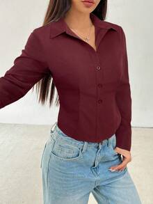 SHEIN PETITE 基本款休闲长袖收腰衬衫 - 酒紅色 - 查看 4
