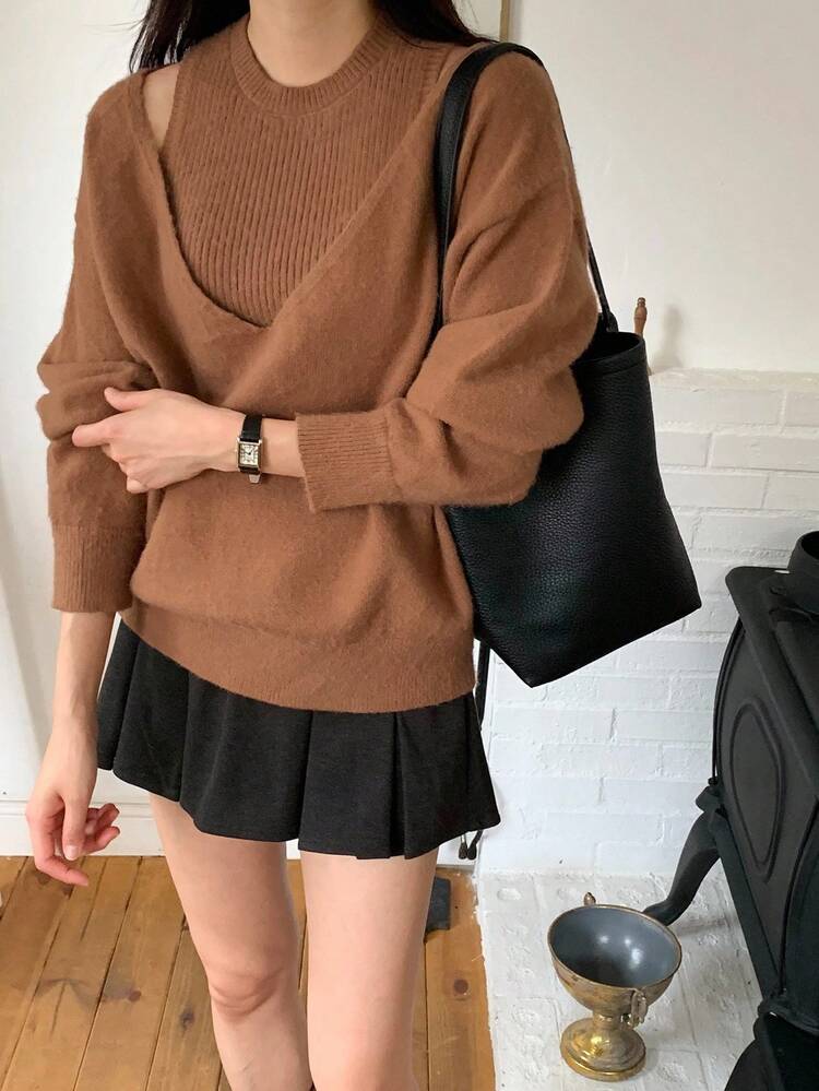 Women's 2 In 1 Korean Style Solid Color Autumn/Winter Camisole & Long Sleeve Sweater Set