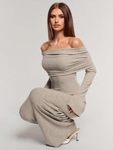 SHEIN BAE Đầm dài tay trễ vai màu trơn đơn sắc dành cho nữ, trang phục dự tiệc dành cho nữ, váy năm mới dành cho nữ, quần áo Giáng sinh dành cho nữ, váy thanh lịch dành cho nữ - Màu be - Xem 7