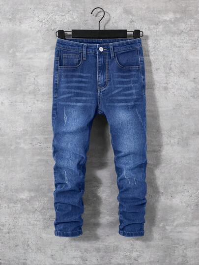 SHEIN Pantalones vaqueros grises ajustados y desgastados con bolsillo oblicuo para niño preadolescente, para ropa de niño de primavera y verano