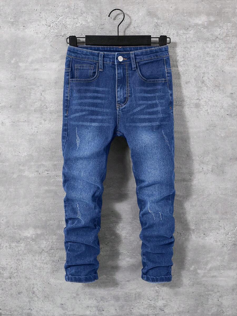 SHEIN Jeans skinny gris délavé et déchiré pour garçon préadolescent avec poches obliques, pour les vêtements de garçon au printemps et en été