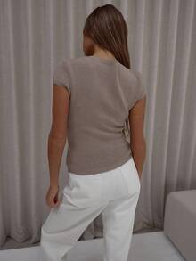 MUSERA Asymmetrical Button Down Knit Short Sleeve Top Classy Cute Sexy Streetwear Night Out Winter Party Evening Party Elegant Spring Sweater Summer - Apricot - View 2