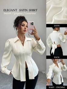 Elenzga Women's Elegant Satin V-Neck Shirt With Button Front, High-End Design Waist Cinching, Bowknot Back, Long Sleeve, Suitable For Work And Commute In Autumn - Apricot - View 6