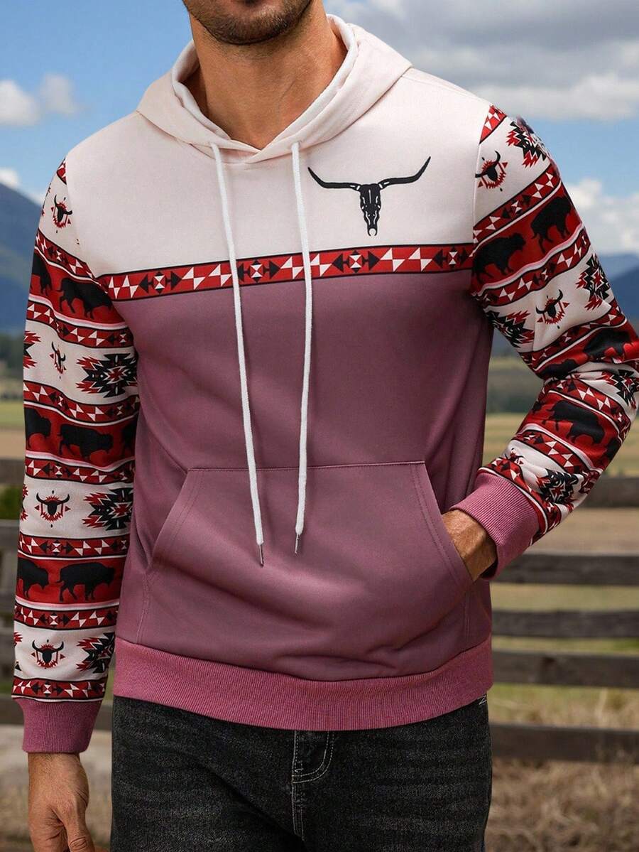 Manfinity Nomadique Men's Vintage Style Patchwork Long Sleeve Hoodie, Husband,Going Out, Casual, Graphic, Color Block Hoodies, Fall Winter