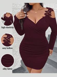 SHEIN Clasi Plus Size Women Off Shoulder Long Sleeve Solid Color Bodycon Dress - Red - View 3
