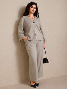 Elaquor مجموعة كاجوال مكونة من قطعتين للمرأة البدينة، بلوزة + بنطلون، لون أحادي، قصة فضفاضة، مناسبة لجميع المواسم