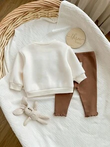 Newborn Baby Girl's Girls White Autumn Set,Leopard Print 3D Bow Knitted Sweatshirt And Thickened Elastic Waist Edge Winter Pants,Matching Family 2Pcs - Multicolor - View 2
