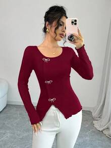 SHEIN Elenzya 女士蝴蝶结装饰简约长袖T恤，春季日常休闲穿着 - 酒紅色 - 查看 4