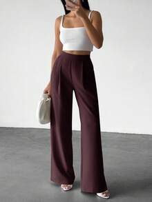 EURMUSE Women's Solid Color High Waist Pleated Wide Leg Loose Casual Pants For Work - Brown - View 7