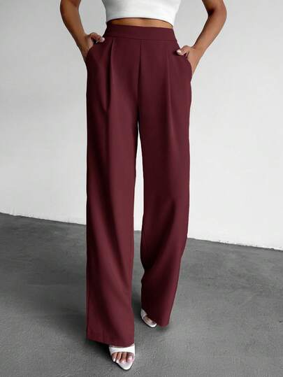 SHEIN Tall بنطلون نسائي بلون موحد بخصر عالي مع طيات وجيوب وساق واسعة فضفاض كاجوال، للنساء الطويلات