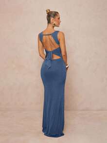 Lumalex Elastic Criss-Cross Ruched Dress With Boat Neck - Dusty Blue - View 2