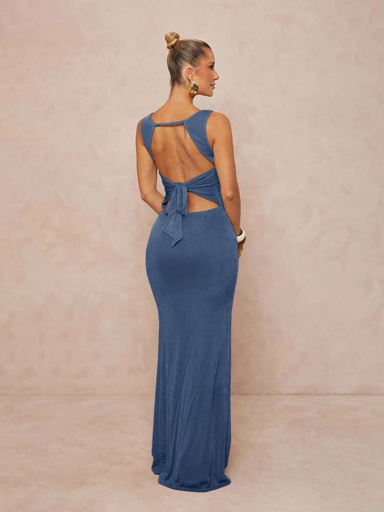 Lumalex Vestido con cuello de barco, elástico, con pliegues cruzados - Neblina azul - Añade 2