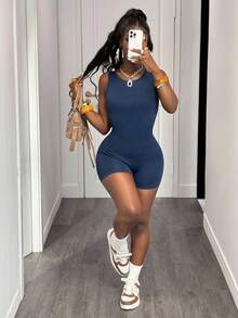 Slaydiva 女士運動連身衣，性感露背健身連身衣 - 藏蓝色 - 查看 4