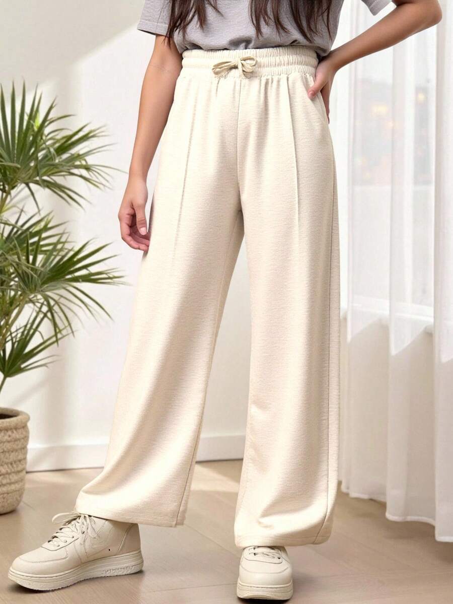 SHEIN Teen Girl Drawstring Waist Seam Detail Joggers - Apricot - View 1