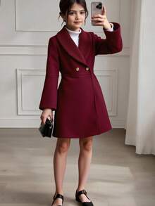 SHEIN Tween Girl Vintage Christmas Red Fall/Winter Holiday Jacket With Hat - Burgundy - View 4