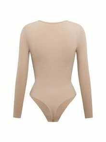 SHAPORA 女士纯色圆领长袖修身紧身衣 - 杏色 - 查看 3