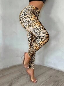 SHEIN SXY 女士休闲性感虎纹印花打底裤，女士打底裤，猎豹纹裤，动物纹裤，动物纹，动物纹打底裤，感恩节 - 彩色 - 查看 6
