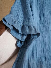 EMERY ROSE 大码女式短袖简约时尚休闲日常度假西式装夏季沙滩荷叶边衬衫 - 藍色 - 查看 5