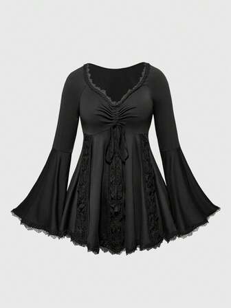 Goth Plus Size Women Halloween Lace Trim Hollow Out Flare Sleeve T-Shirt, Renaissance Style Top