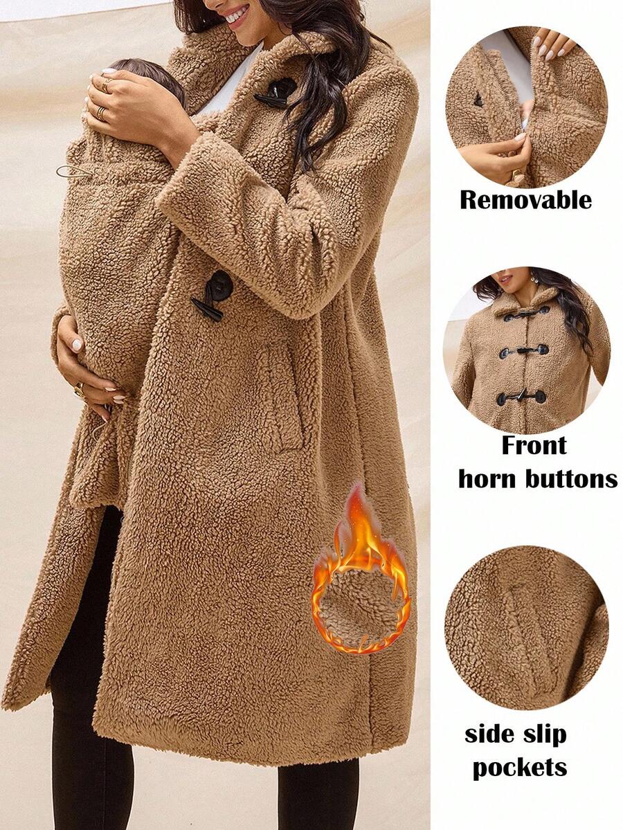 Boho Mama Maternity Solid Color Minimalist Daily Wear 3-In-1 Long Sleeve Jacket Winter Coats Faux Fur Coats Boho Winter Coat Fleece Winter Coat - Khaki - View 1