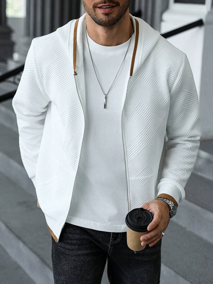 Manfinity CasualCool Men's Textured Fabric Long Sleeve Zip Front Casual Hoodie, Autumn