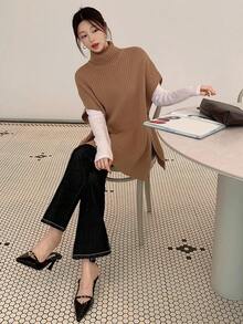 DAZY Suéter de punto suelto de cuello alto y manga corta, de unicolor, elegante y casual, para otoño/invierno - Café integral - Ver 5
