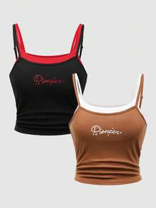 2 件套青少年女孩休闲时尚街头字母印花二合一舒适打底上衣，夏季 - 彩色 - 查看 6