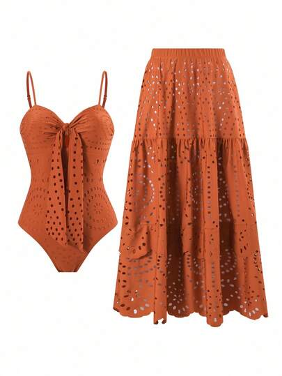 Swim Oasis V-Neck Caramel Brown Hollow Out One-Piece Swimsuit For Women