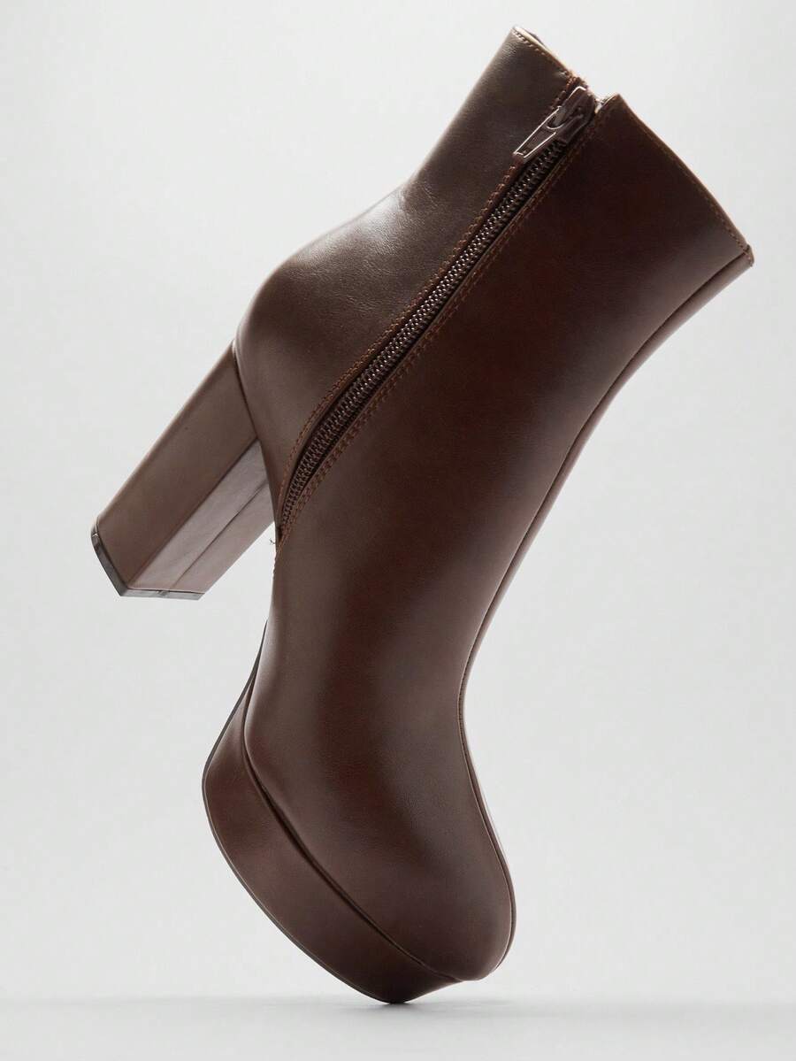 Solezae Botas Femininas Casuais De Salto Bloco Com Plataforma E Zíper - Castanho - Ver 1