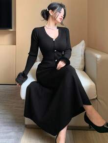 DAZY Váy len đuôi cá cổ chữ V chắp vá tua rua dành cho nữ, mùa thu - màu đen - Xem 7