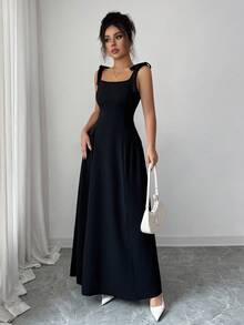 Elenzga New Women's Square Neck Wide Strap Bow Knit Textured Fabric Faux Pocket Pleated Design Dress, Casual Vacation Everyday Versatile Young Elegant, Spring/Summer