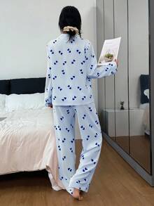 SHEIN Women's Collared Heart Striped Long Sleeve Top & Pants Pajama Set, Blue And White Pajama Set, Fall Winter Clothes - Blue - View 2