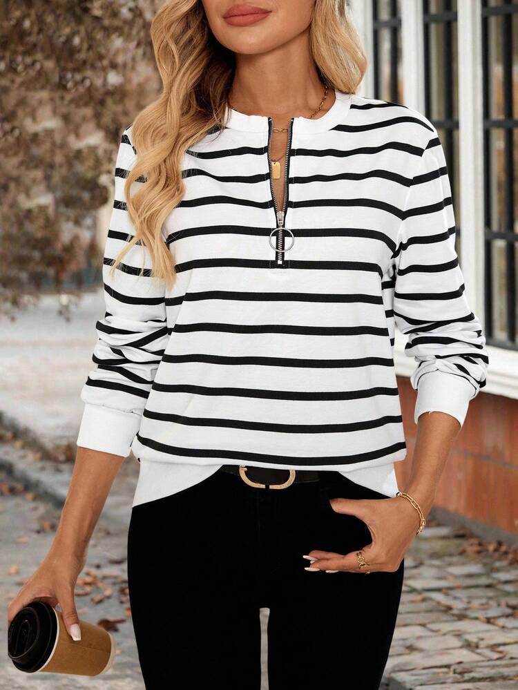 Women's Casual Striped Half Zip Placket Long Sleeve Sweatshirt, Autumn Fall For Women Casual Going Out Top