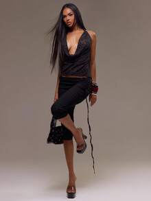 MUSERA 豹纹深V领双肩带上衣，酷女孩秋季外出性感装扮，适合女士，猎豹纹派对优雅假日派对春夏装扮 - 黑色 - 查看 4