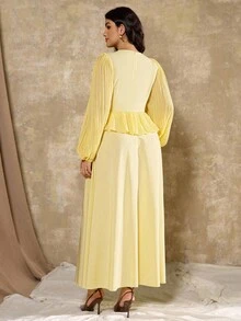 Roveilla Plus Size Women Elegant Pleated Deep V-Neck Long Sleeve Dress - Yellow - View 2