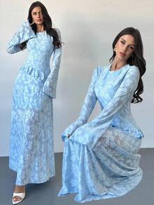 Firerie Rochie midi elegantă pentru femei, decupată, cu volane, în linie A, cu mâneci evazate, albastră, potrivită pentru vacanță, întâlniri, întoarcerea la școală, absolvire, purtare zilnică