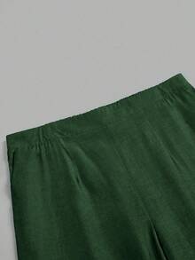 Rometta 大码女式纯色褶皱阔腿宽松休闲裤 - 軍綠色 - 查看 9