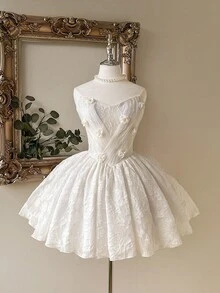 Lovelzi Váy dài vải thêu trắng kiểu cung điện thanh lịch, sang trọng, quý phái với họa tiết hoa 3D và dáng chữ A, thích hợp cho tiệc đơn, đám cưới, tốt nghiệp, kỳ nghỉ, tiệc chia tay cuộc sống độc thân - trắng - Xem 2